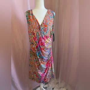 NWT‎ RALPH LAUREN Pink Paisley Stretch Matte Jersey Faux Wrap Ruched Dress: BB84